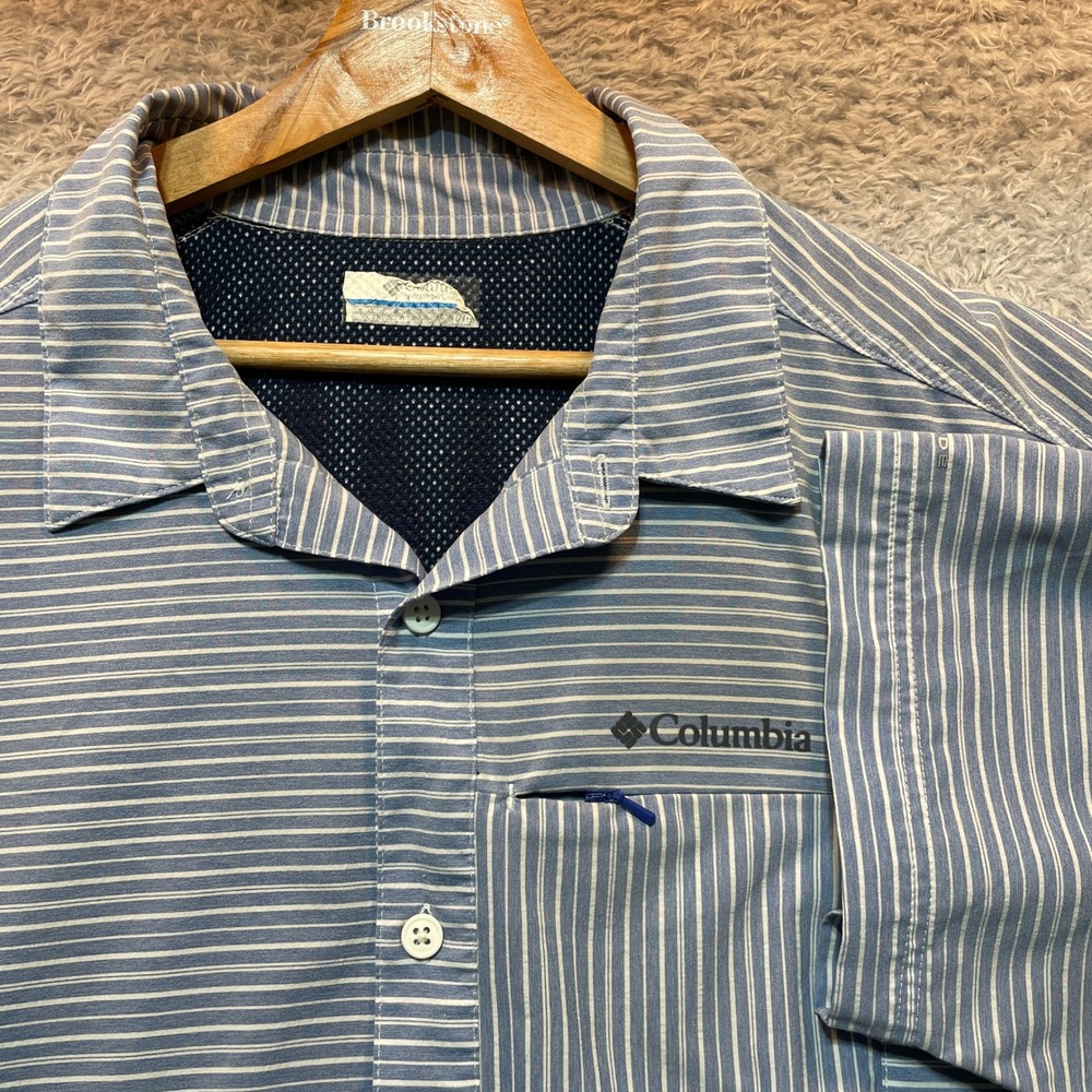 Columbia Mens Blue White Striped Short Sleeve Vented Fishing Shirt Large L